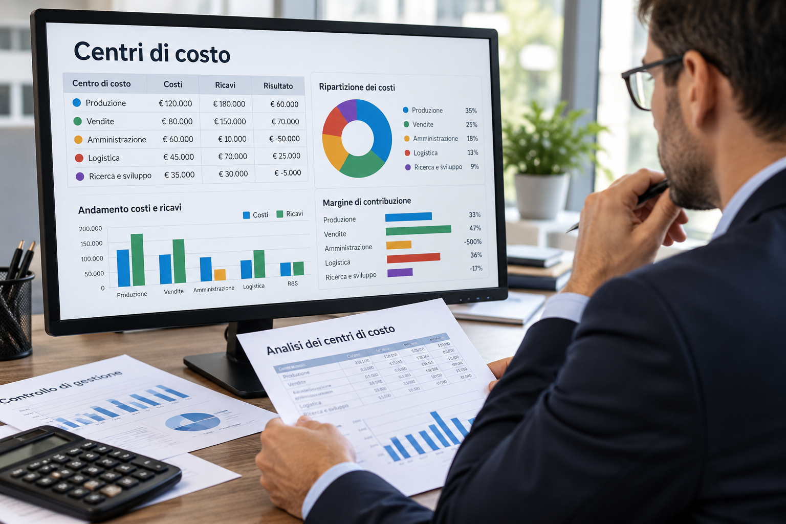 Dashboard di analisi dei centri di costo con grafici di ripartizione e margini