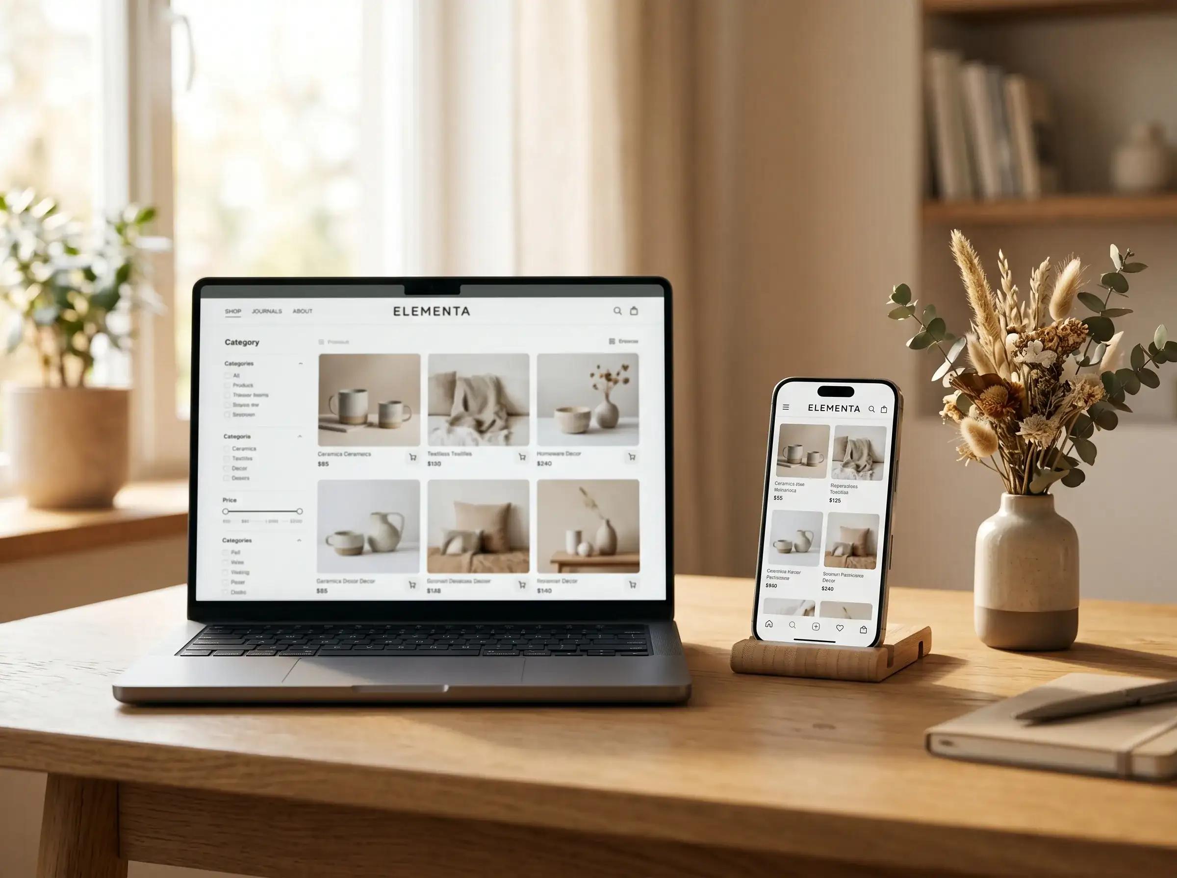 Catalogo prodotti di un negozio online su computer e smartphone
