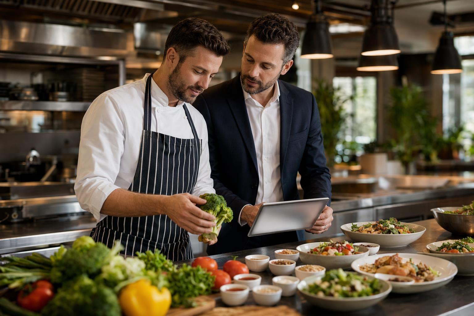 Consulente e chef analizzano insieme i costi di un ristorante in cucina