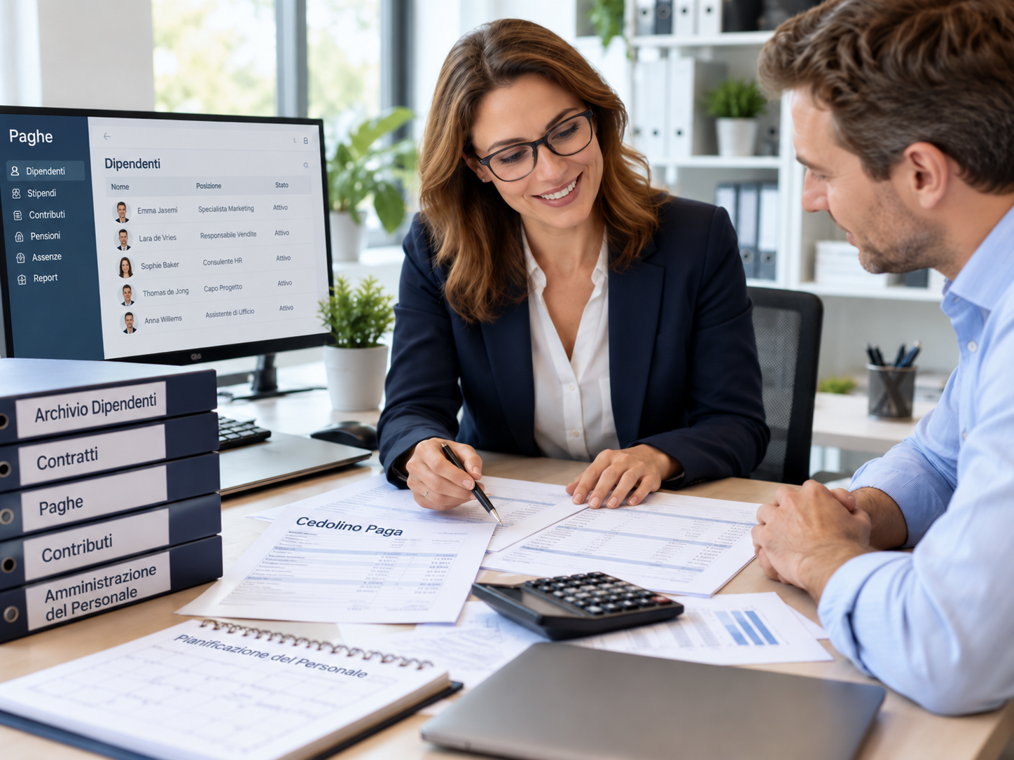 Consulente e cliente esaminano insieme un cedolino paga in ufficio